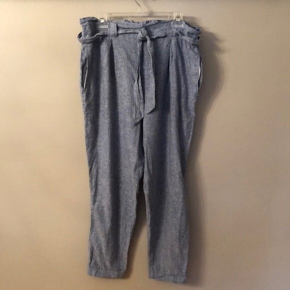 MAX STUDIO SIZE LARGE BLUE PINSTRIPE PAPERBAG WAIST RELAXED LINEN BLEND PANTS - Picture 1 of 7